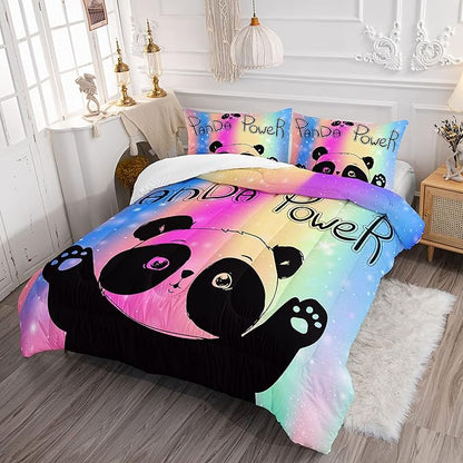 Datura home Bedding Comforter Set Rainbow Kawaii Cute Panda Printed Pattern with 1 and 2 Pillowcases for Girls Bedroom All Season(Panda Queen) Queen 90x90inches