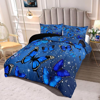 Butterfly Bedding Set for Girls, Butterfly Comforter, Blue Butterflies with Sparkle Stars Prints Comforter Set for Women Girls Butterfly Bedding Queen Size Quilt Sets, 1 Comforter + 2 Pillowcases