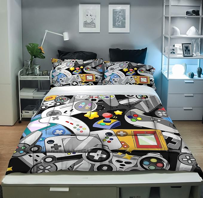 Sunnycitron Gaming Comforter for Boys Teen Gamer Comforter Queen Size Gaming Bedding Kids Bed Comforter set Boys Bedding quilt Down Alternative Comforter Game Room Decor,1 Comforter +2Pillowcase