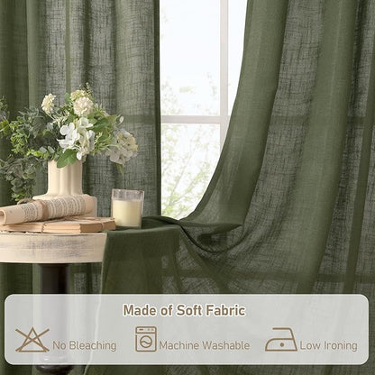 LAMIT Olive Green Linen Curtains 72 inches Long for Living Room, Soft Thick Semi Sheer Light Filtering Bronze Grommet Window Treatments Neutral Drapes for Bedroom, 2 Panels Set, 52 x 72 Inch