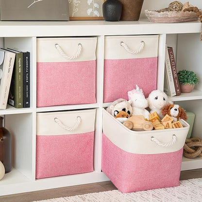 OrganiHaus 13x13 Cube Storage Bins 4 Pack, Foldable Cube Storage Organizer w/ Rope Handles, Collapsible Fabric Bins for Toys, Clothes & Closet Organization, Fabric Square Baskets - Pink/White