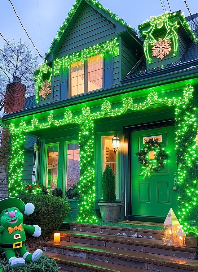 Minetom Solar String Lights Outdoor - 2 Pack Total 80FT 200 LED String Lights Solar Powered with 8 Lighting Mode,String Lights for St Patrick Decoration,Waterproof Solar Lights for Outside Tree, Green