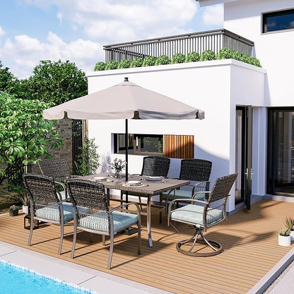 Pamapic 7 Piece Patio Dining Set for 6,Outdoor Wicker Furniture Set for Backyard Garden Deck Poolside with 4 Dining Chairs and 2 Swivel Rockers,Iron Slats Table Top, Removable Cushions(Green)