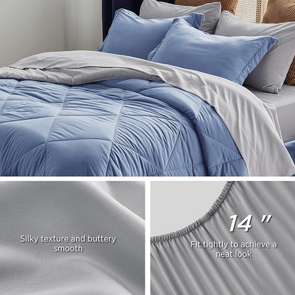 Bedsure Infinity Blue Queen Comforter Set - 7 Pieces Reversible Queen Bed in a Bag, Queen Bed Set Infinity Blue and Grey with Comforters, Sheets, Pillowcases & Shams