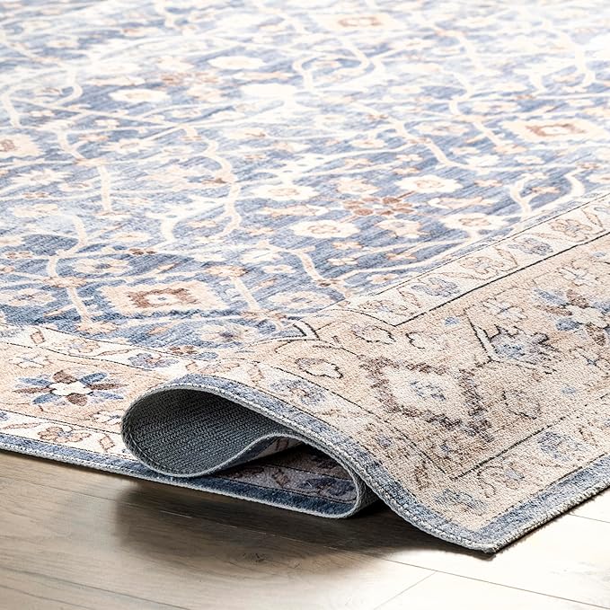 nuLOOM Shae Faded Persian Bordered Machine Washable Ultra Thin Area Rug, 8' x 10', Blue