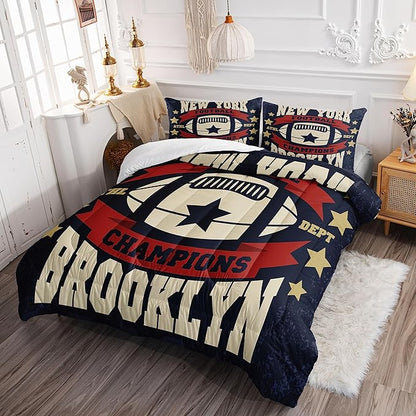Datura home Football Comforter Sets for Boys Kids,Red Blue Theme Beige Football Championship,Duvet 3Pcs in Quilt Sets with 1 Comforter and 2 Pillowcases All Season(Red Full)