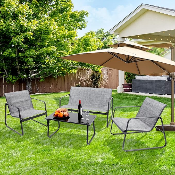 4 Pieces Patio Furniture Set Outdoor Patio Conversation Sets Poolside Lawn Chairs with Glass Coffee Table Porch Furniture for Courtyard, Garden and Balcony (Grey)