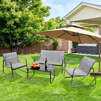 4 Piece Patio Outdoor Furniture Set with Strong Powder Coated Metal Frame One Love Seat, Two Single Chairs and one Table for Porch, Balcony, Backyad, Patio Conversation Set (Grey)