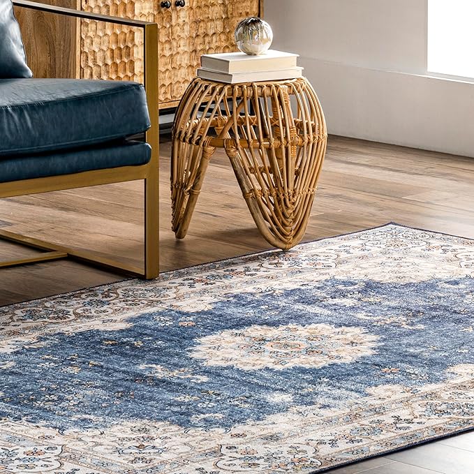 nuLOOM Ren Vintage Floral Machine Washable Ultra Thin Area Rug, 8x10, Blue
