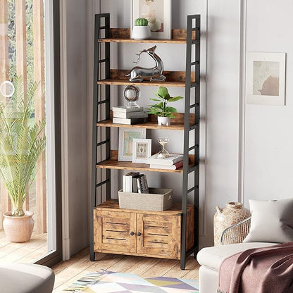 IRONCK Bookshelf with Louvered Doors, 4-tier Ladder Shelf with Cabinet Industrial Accent Furniture for Bedroom Living Room Home Office, Rustic Brown