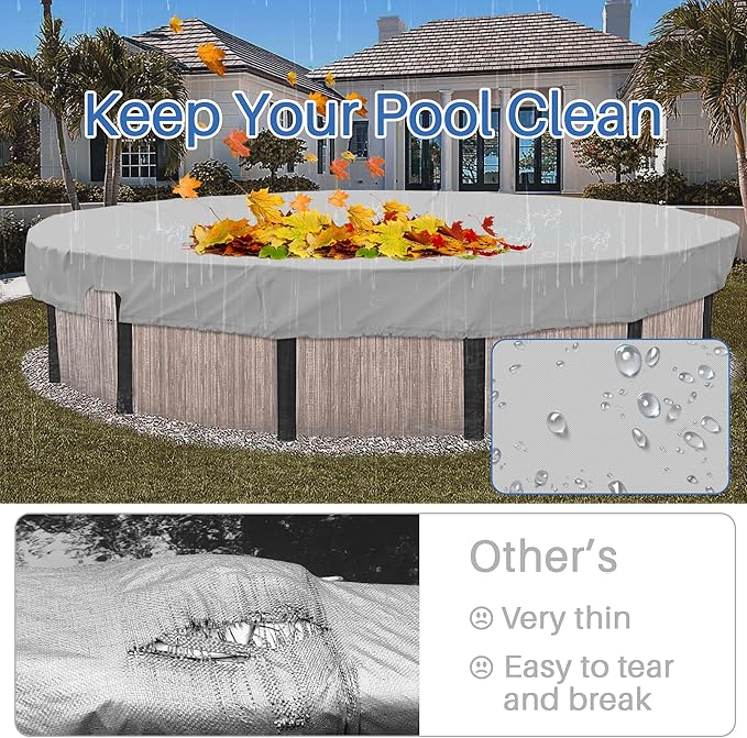 ECOOPTS 9 ft Waterproof Round Polyester Pool Cover for Above Ground Pools, Swimming Pool Cover Protector Winter Safety Cover (Light Grey)