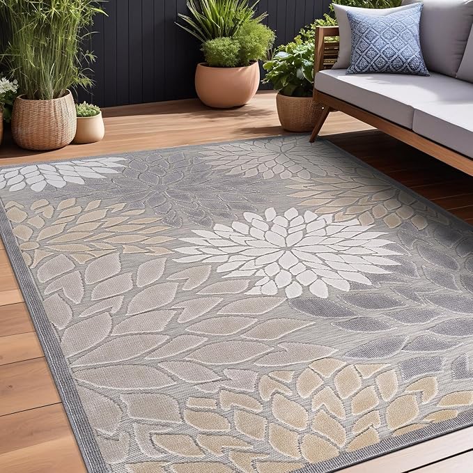 Beverly Rug Outdoor Rug 9x12 Large Modern Floral Tropical Area Rugs for Indoor and Outdoor Patio Easy to Clean Non Shedding Living Room Porch Garden Washable Outside Carpet (9 x 12 Gray)