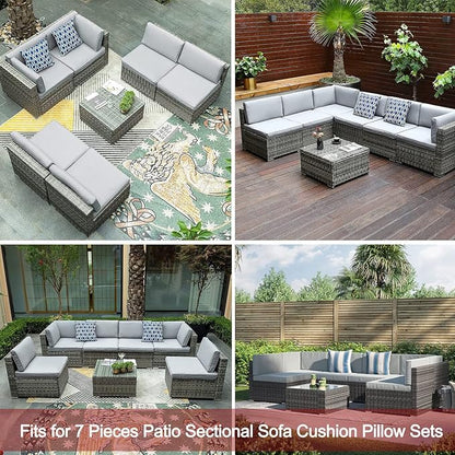 ClawsCover 14Pack Outdoor Patio Seat and Back Cushions Replacement Covers Fit for 7Pieces 6-Seater Wicker Rattan Sectional Couch Chair Furniture Set,Gray-Include Cover Only (Large)
