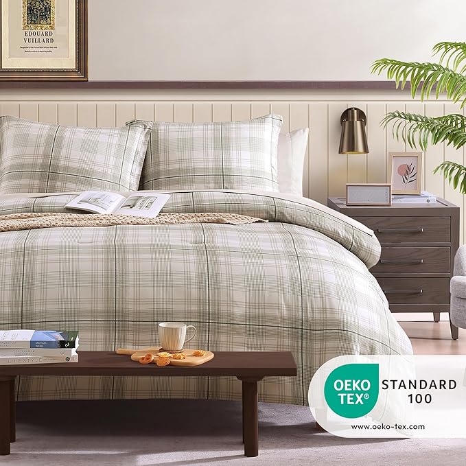 Beige Twin Comforter Set, Khaki Green Plaid Twin XL Comforter Set for Boys & Girls,Classic Homestead-style Twin Bed Set with Sheets and Comforter Set