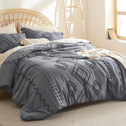 Bedsure Boho Comforter Set Queen - Dark Grey Tufted Bedding Comforter Set, 3 Pieces Farmhouse Shabby Chic Embroidery Bedding Set, Soft Geometric Pattern Comforter for All Seasons