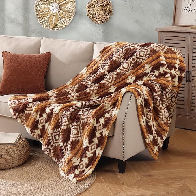 CASAAGUSTO Boho Sherpa Blanket, Aztec Twin Blanket,Ultra Soft, Warm, Cozy, Plush, Thick Fleece Throw Blanket for Couch, Bed, Sofa (Terracotta 60 * 80 Inch)