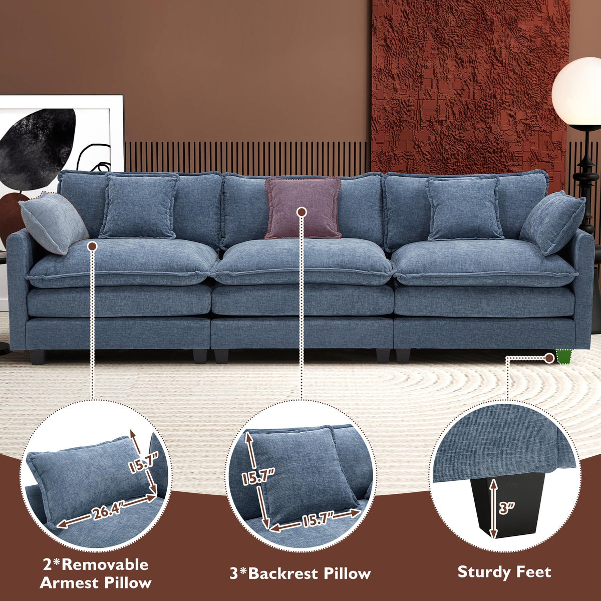 Ihanherry 111.4" L Shaped Modern Sofa Modular Sectional Cloud Couch with Ottoman, 4-Seat Chenille Deep Seat Sofa with Pillow for Living Room, Bedroom and Apartment, Beige