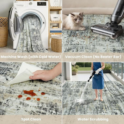 10x12 Washable Area Rug for Living Room Bedroom: Non-Slip Modern Black Gray | Machine Washable TPR Backing, Stain-Resistant Low Pile, Pet & Kid Friendly, Abstract Decor for Dining Room, Dorm, Home Office
