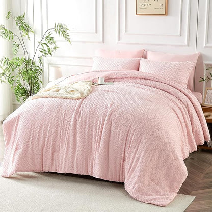 Twin Size Tufted Kids Comforter Set 6 Piece Pink Jacquard Tufts Embroidery Bedding Set for Girls Bed in A Bag Quilt with 1 Comforter, 1 Flat Sheet, 1 Fitted Sheet, 1 Pillowcase and 2 Pillow Sham