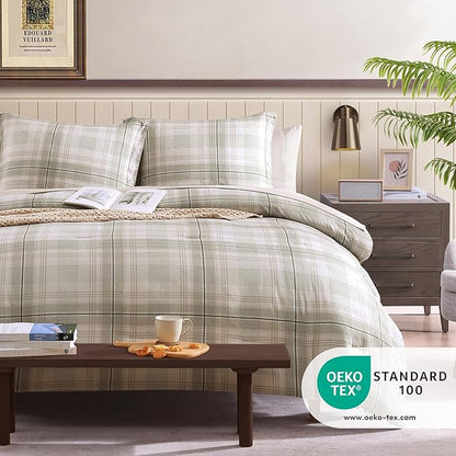 Beige Queen Bed Set, Khaki Green Plaid Comforters Queen Size for Boys & Girls,Classic Homestead-style Queen Size Comforter Sets with Sheets and Comforter Set