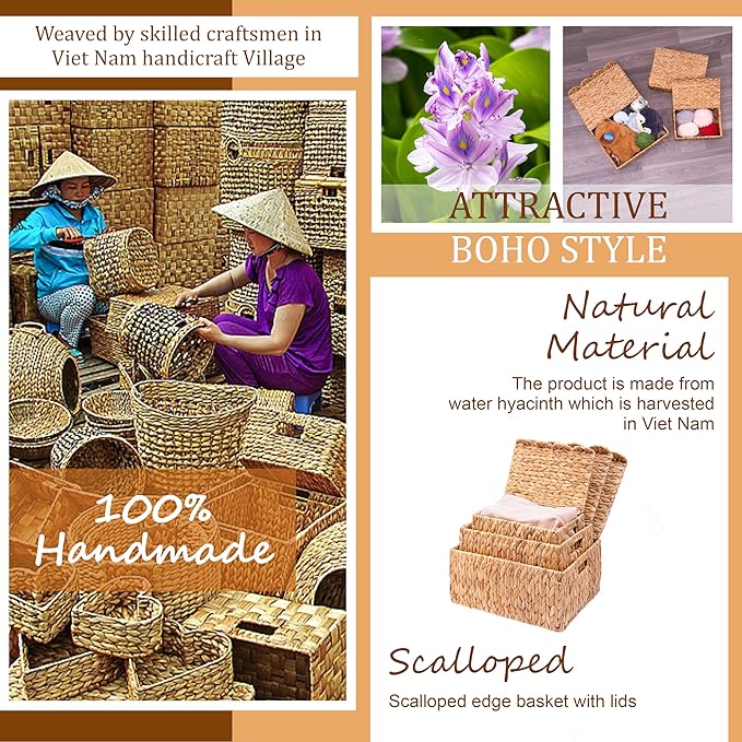 Set of 3 Scalloped Edge Wicker Basket with Lid, Rectangle Wicker Storage Basket with Built-in Handles, Multipurpose Organizer Rattan Display Boxes for Shelf, Nursery Room