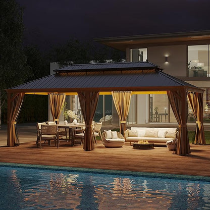 12' X 22' Hardtop Gazebo Outdoor Aluminum Patio Gazebo Double Roof Galvanized Steel Canopy Wooden Finish Coated with Netting and Curtains for Garden, Backyard, Deck and Lawns