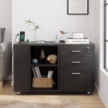 YITAHOME 3 Drawer File Cabinet with Charging Station, Home Office Furniture, Black