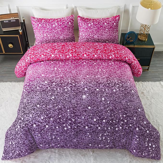 Litanika Galaxy Comforter Full(79x90lnch), 3 Pieces(1 Purple Glitter Ombre Comforter, 2 Pillowcases), 3D Colorful Rainbow Bedding Set, Microfiber Comforter Set for Kid Boy Girl Teen