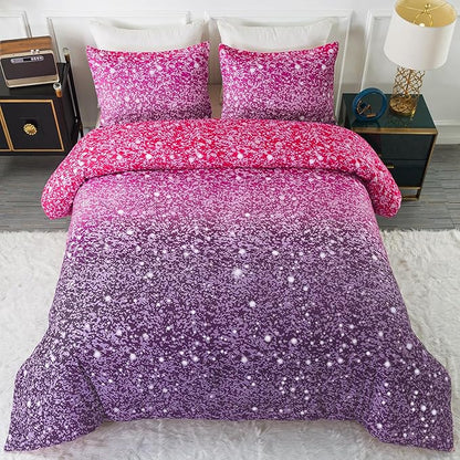 Litanika Galaxy Comforter Full(79x90lnch), 3 Pieces(1 Purple Glitter Ombre Comforter, 2 Pillowcases), 3D Colorful Rainbow Bedding Set, Microfiber Comforter Set for Kid Boy Girl Teen
