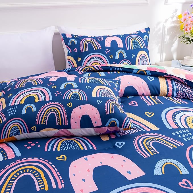 Btargot Lightweight Soft 3 Piece Rainbow Comforter Set with 2 Pillow Covers, Cartoon Love Hearts Suns and Stars Bedding Set for Girls Boys Kids, Full Dark Blue
