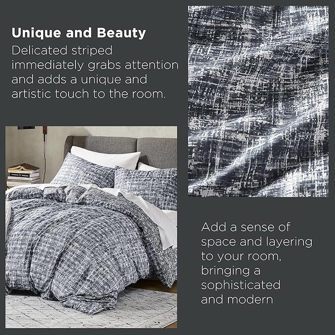 Hyde Lane Mens Full/Queen Comforter Set, Grey Modern Farmhouse Aesthetic Soft masculine Bedding, Plaid Lines Pattern Bed Sets for All Season, 3 Pieces includes 1 Comforter, 2 Shams (90"x 90")