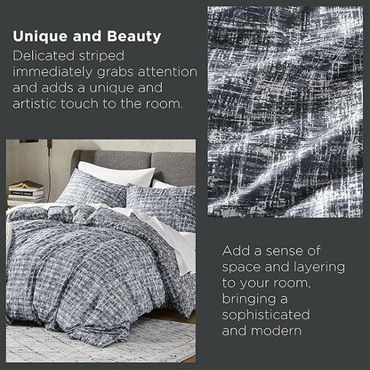 Hyde Lane Mens Full/Queen Comforter Set, Grey Modern Farmhouse Aesthetic Soft masculine Bedding, Plaid Lines Pattern Bed Sets for All Season, 3 Pieces includes 1 Comforter, 2 Shams (90"x 90")