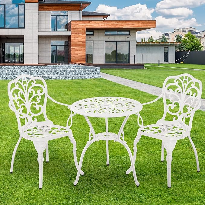 Patio Bistro Set 3 Piece Cast Aluminum Outdoor Bistro Set, Rust Resistance Bistro Table and Chairs of 2 with Umbrella Hole, Small Patio Set for Garden Outside, White