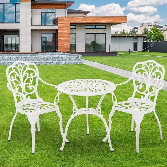 Patio Bistro Set 3 Piece Cast Aluminum Outdoor Bistro Set, Rust Resistance Bistro Table and Chairs of 2 with Umbrella Hole, Small Patio Set for Garden Outside, White