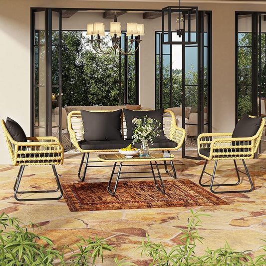 YITAHOME 4-Piece Patio Furniture Wicker Outdoor Bistro Set, All-Weather Rattan Conversation Loveseat Chairs for Backyard, Balcony and Deck with Soft Cushions and Metal Table (Light Brown+black)