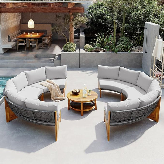 Merax Outdoor Sectional Patio Furniture Sets, Half Moon All Weather Wicker Seating Group, with Cushions and Round Coffee Table, Grey