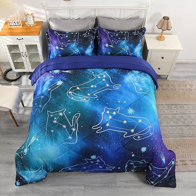 Wowelife Galaxy Bedding Set Full Size 5 Pieces Galaxy Space Comforter Set Blue 3D Galaxy Kids Comforter Sets Lightweight with Comforter, Flat Sheet, Fitted Sheet and 2 Pillowcases