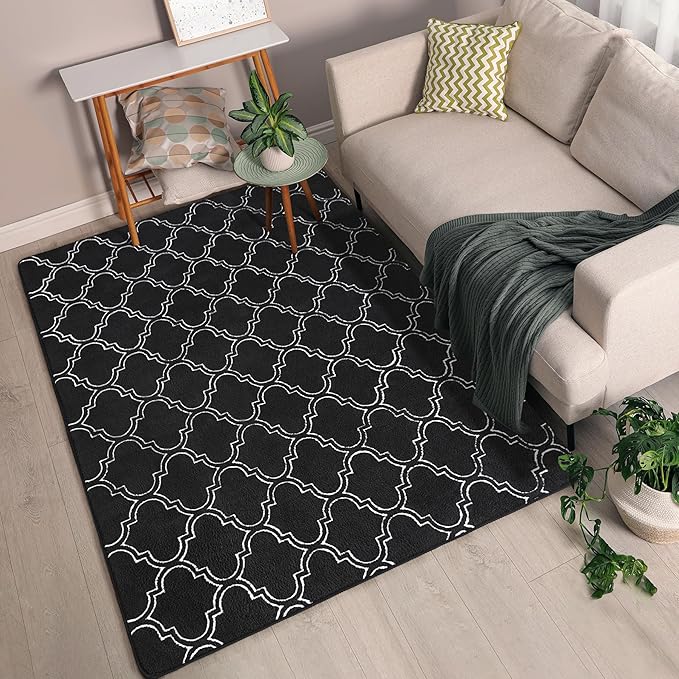 Chicrug Shag Geometric 4x6 Area Rug for Living Room, Large Modern Memory Foam Indoor Carpet, Fluffy Rug for Bedroom Bedside Room Decor for Family Girls Kids Nursery, Black/White
