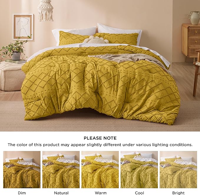 Bedsure Twin/Twin XL Comforter Set - Mustard Yellow Boho Twin Extra Long Comforter Set for College, Shabby Chic Dorm Bedding Set, 2 Pieces Modern Farmhouse Bed Set, includes 1 Pillow Sham