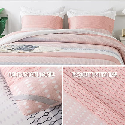 Andency Stripe Comforter Set Full Size (79x90 Inch), 3 Pieces Pink Patchwork Striped Comforter, Soft Microfiber Down Alternative Comforter Bedding Set with Corner Loops