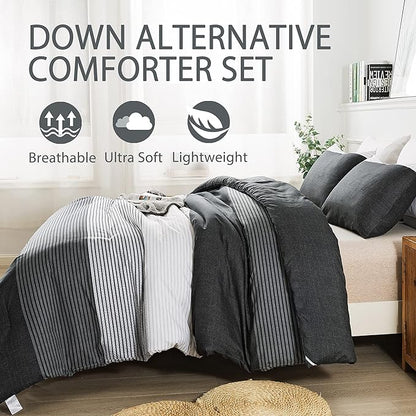 Andency Twin Comforter Set Black, 2 Pieces Black White and Gray Patchwork Striped Comforter(66x90 Inch), Soft Microfiber Down Alternative Twin Comforter Bedding Sets with Corner Loops