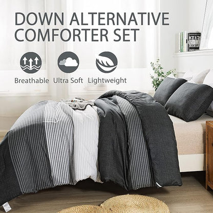 Andency Black Comforter King Size, 3 Pieces Black White Gray Patchwork Striped Comforter (104x90 Inch), Soft Microfiber Down Alternative King Comforter Bedding Sets with Corner Loops