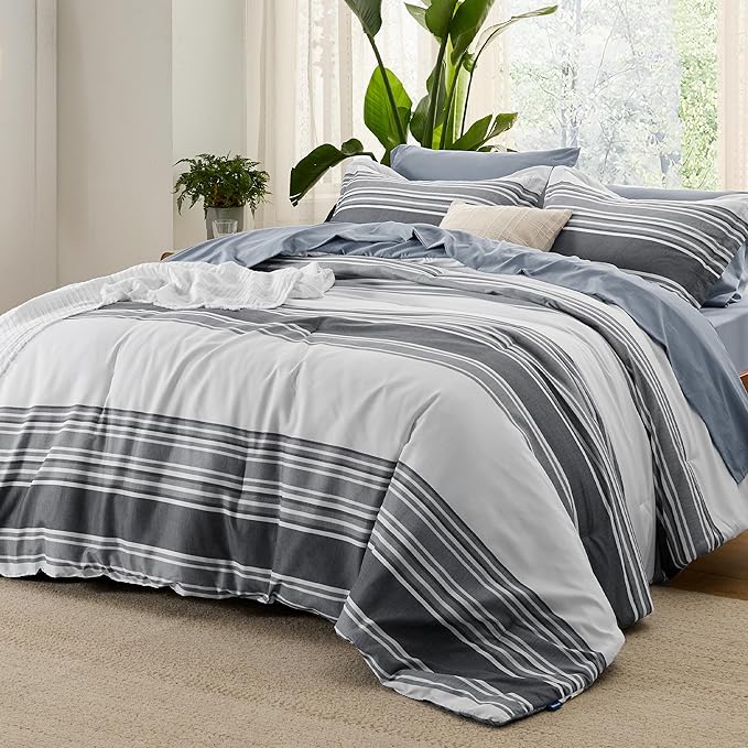 Bedsure Bed in a Bag Full 7 Pieces - Striped Beddding sets, Full Comforter Sets with Comforter, Fitted Sheet, Flat Sheet, Pillowcase & Shams