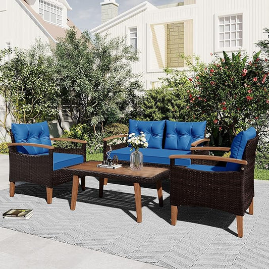 Merax Patio Furniture Sets 4 Pieces, All Weather Outdoor PE Rattan Sofa with Wood Table and Legs, for Lawn, Backyard, Poolside or Garden, Blue