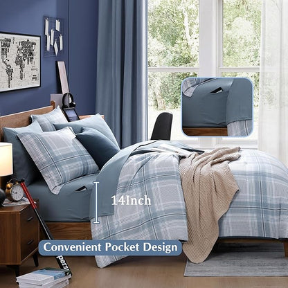 Light Blue Bedding Sets Full, Plaid Full Size Comforter Sets for Boys & Girls,Classic Homestead-style Comforter Full Size with Full Size Bed Sheets and Comforter Set