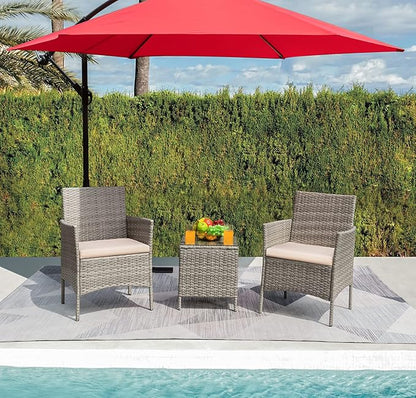 Greesum 3 Pieces Patio Furniture Sets Outdoor PE Rattan Wicker Chairs with Soft Cushion and Glass Coffee Table for Garden Backyard Porch Poolside, Gray and Beige