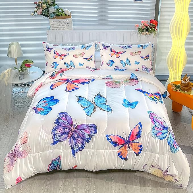 CVHOUSE Bedding Set, Queen, Butterfly Design for Girls Kids Teens, 1 Comforter and 2 Pillow Cases