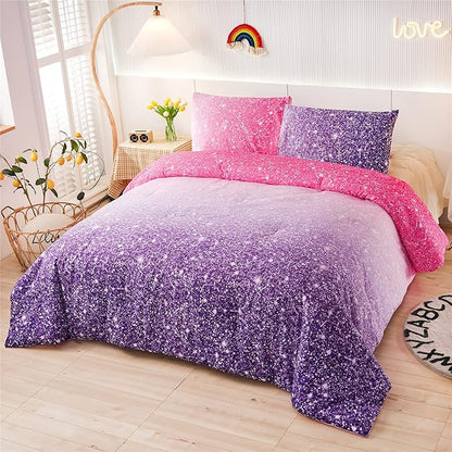 Holawakaka Kids Space Star Glitter Comforter Set Ombre Pink Purple Print Gradient Bedding Set Queen Size (Pink Purple, Queen)……