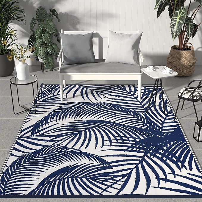 GENIMO Outdoor Rug 5' x 8' Waterproof for Patio Clearance, Reversible Plastic Straw Camping Carpet, Lightweight Mats for Rv, Backyard, Deck, Porch, Picnic, Beach, Balcony, Blue & White