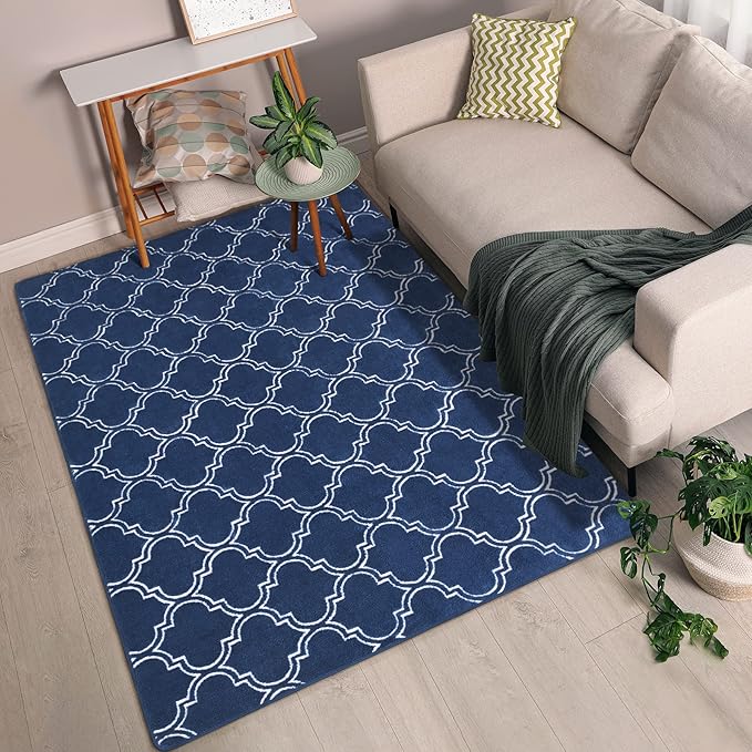 Chicrug Shag Geometric Modern Area Rug for Bedroom, 6x9 Feet Memory Foam Indoor Carpet, Fluffy Rug for Living Room Bedside Room Decor for Family Girls Kids Nursery Play Mat, Navy/White